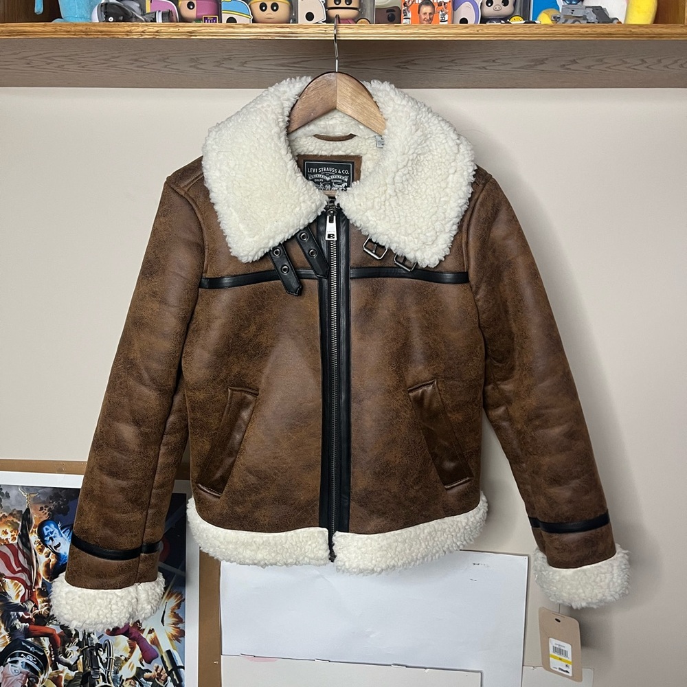 Levis Vintage Faux Leather Brown Shearling Aviator Jacket with White Sherpa
